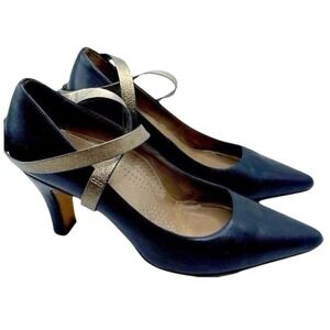 Anyi Lu Black Leather Mary Jane Pointed Toe Heels Metallic Strap EU 38